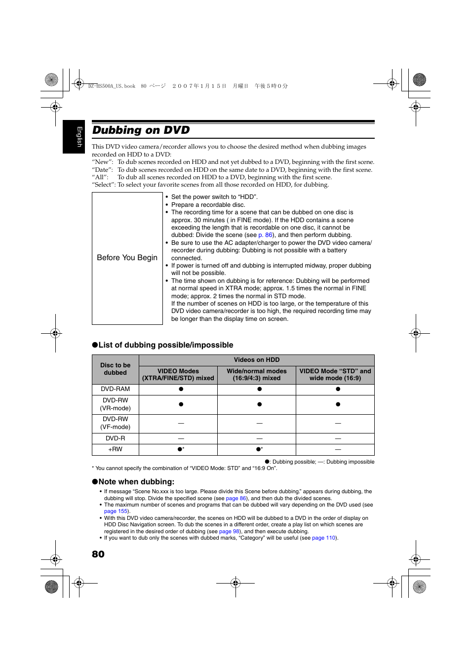 Dubbing on dvd, P. 80 | Hitachi DZ-HS500A User Manual | Page 80 / 169