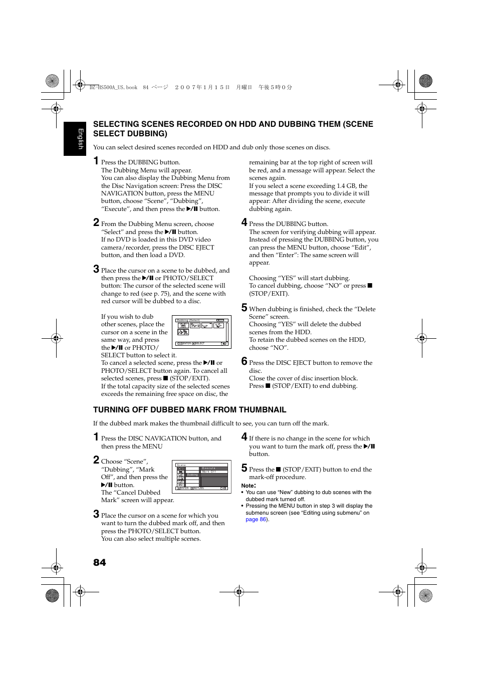 Selecting scenes recorded on, Hdd and dubbing them (scene select dubbing), Turning off dubbed mark from | Thumbnail | Hitachi DZ-HS500A User Manual | Page 84 / 169