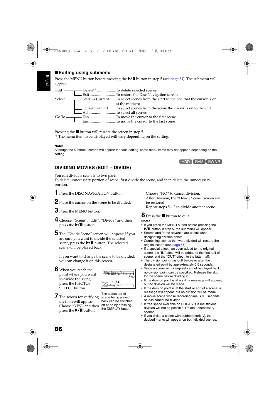 Dividing movies (edit – divide), P. 86, P. 8 | And then, T (see | Hitachi DZ-HS500A User Manual | Page 86 / 169