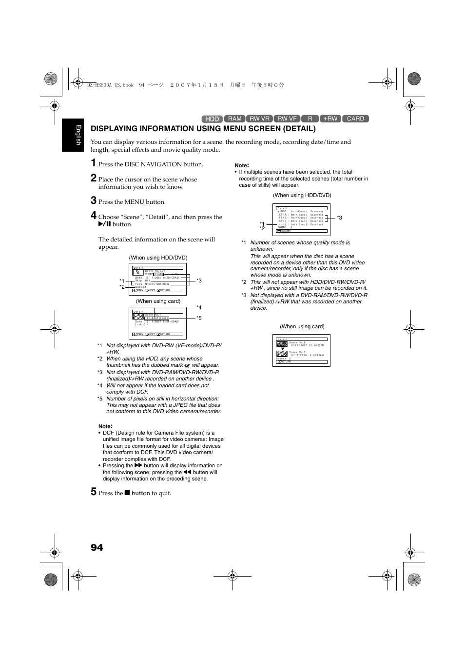 Displaying information using menu, Screen (detail), P. 9 | P. 94, Displaying information using menu screen (detail) | Hitachi DZ-HS500A User Manual | Page 94 / 169