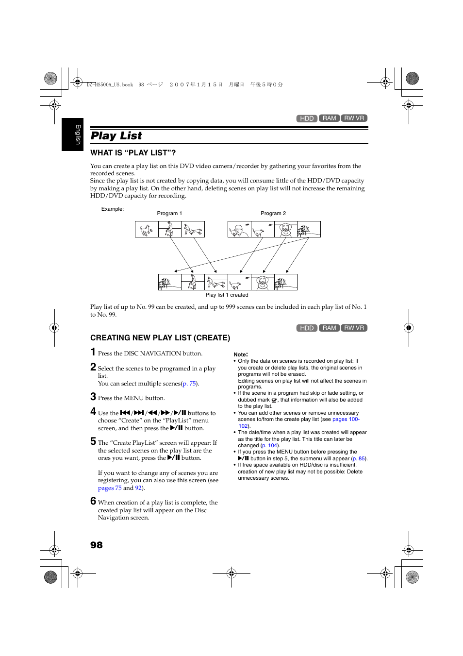 P. 98, Play list, P. 9 | Ng (see | Hitachi DZ-HS500A User Manual | Page 98 / 169