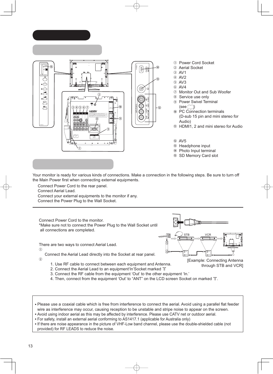 Connection terminal positions, Connecting procedure, Rear | Side, Connecting power cord to the rear panel, Connecting aerial lead, Precautions when connecting the aerial | Hitachi 37LD8800TA User Manual | Page 14 / 62