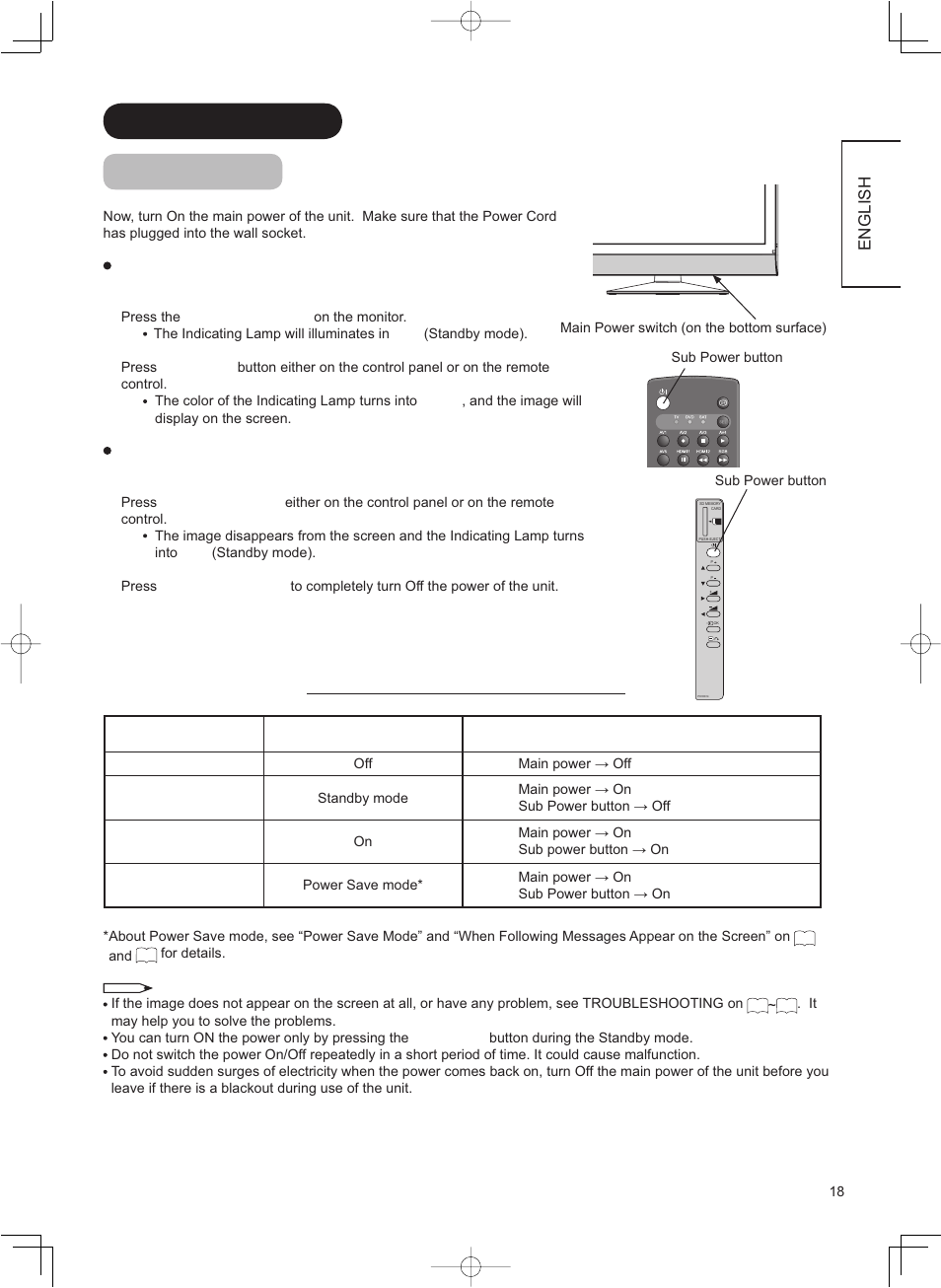 Basic operation power on/off, English, The indicating lamp status check | Hitachi 37LD8800TA User Manual | Page 19 / 62
