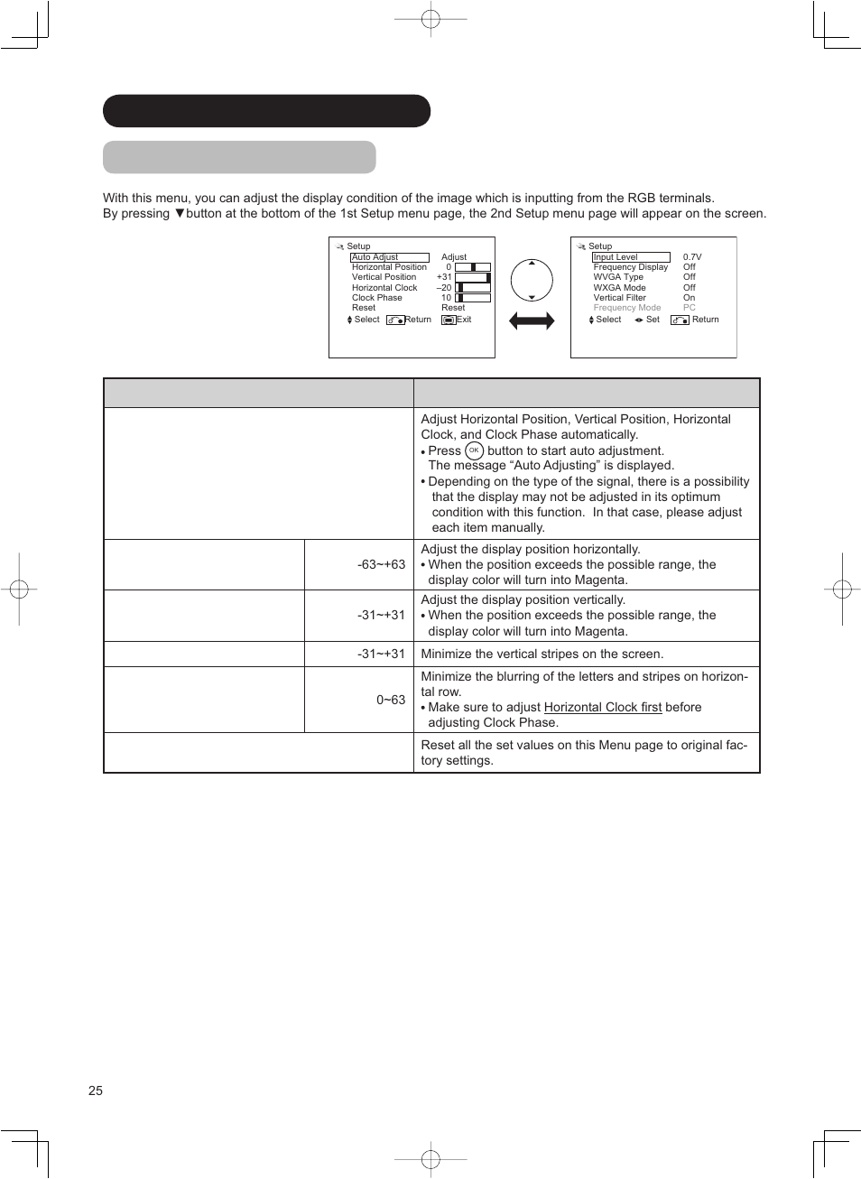 Menu operation (continued) setup menu (rgb mode) | Hitachi 37LD8800TA User Manual | Page 26 / 62