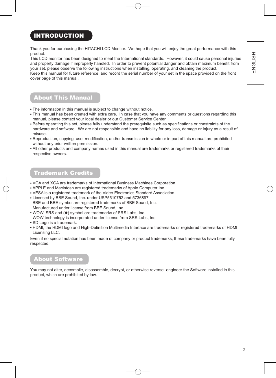Introduction, About this manual, Trademark credits | About software | Hitachi 37LD8800TA User Manual | Page 3 / 62