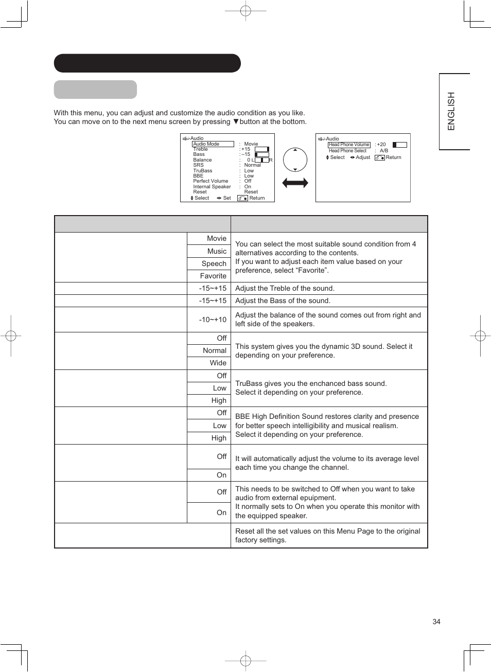 Menu operation (continued) audio menu, English | Hitachi 37LD8800TA User Manual | Page 35 / 62