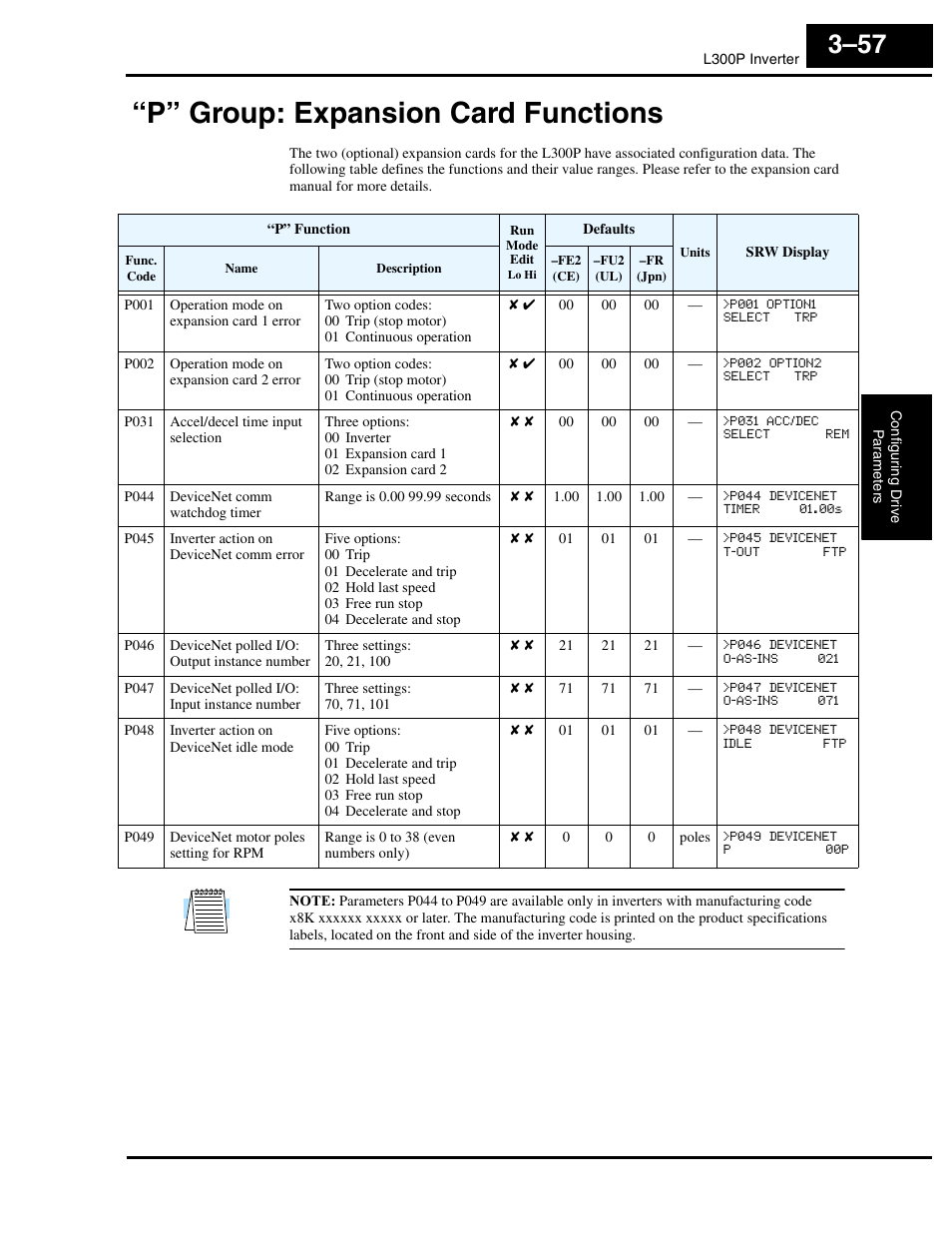 P” group: expansion card functions, P” group: expansion card functions 3–57 | Hitachi L300P User Manual | Page 126 / 264