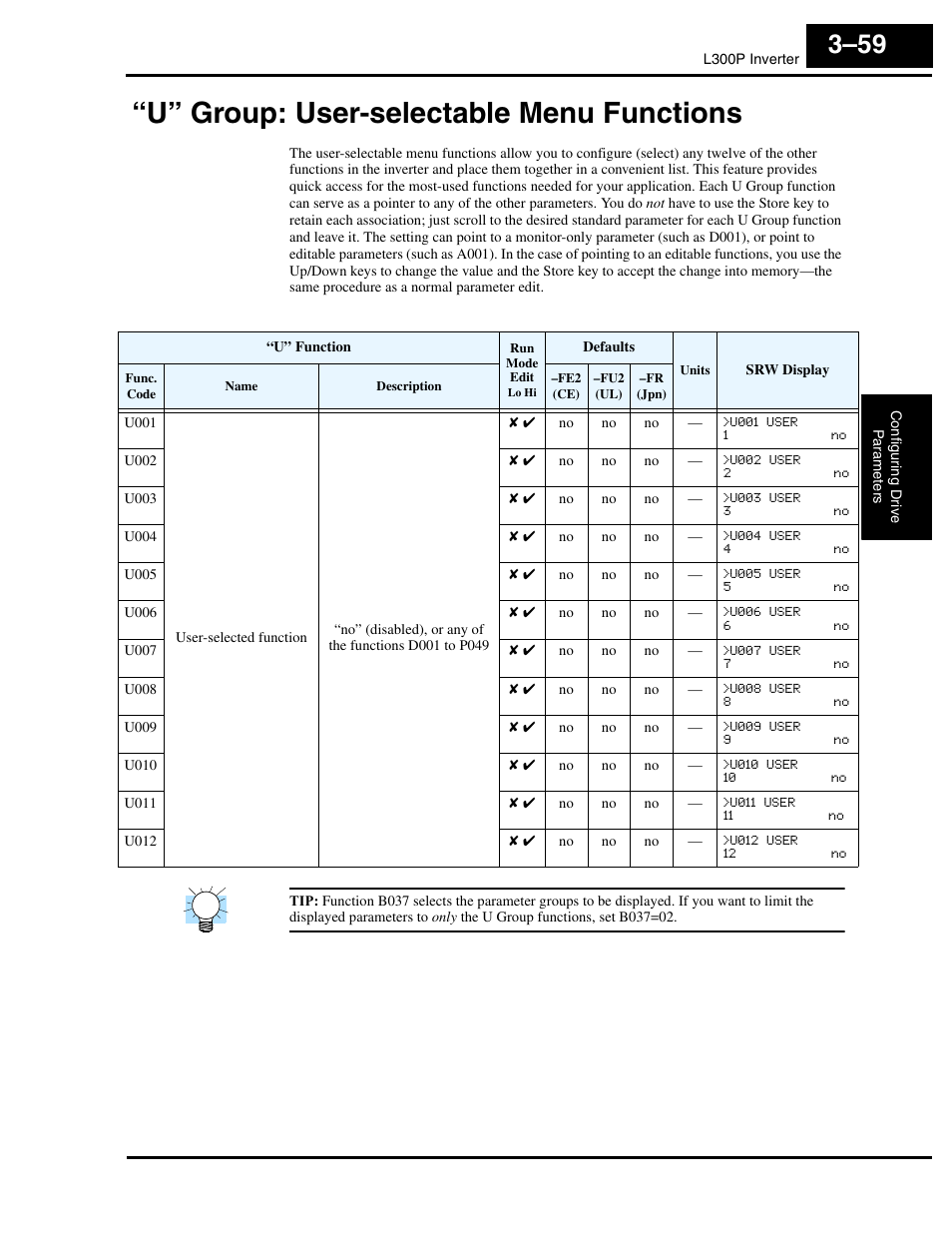 U” group: user-selectable menu functions, U” group: user-selectable menu functions 3–59 | Hitachi L300P User Manual | Page 128 / 264