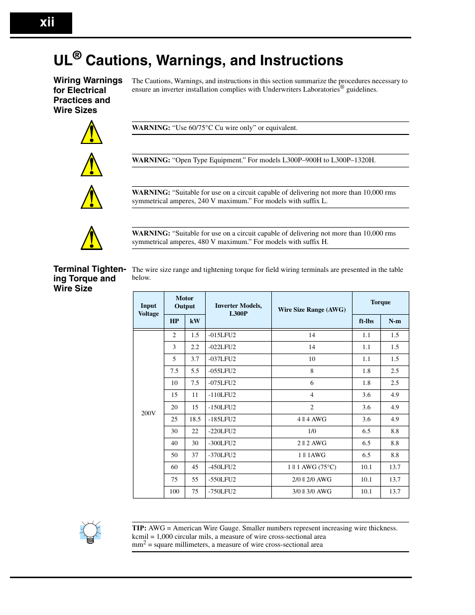 Ul® cautions, warnings, and instructions, Terminal tightening torque and wire size, Cautions, warnings, and instructions | Hitachi L300P User Manual | Page 13 / 264