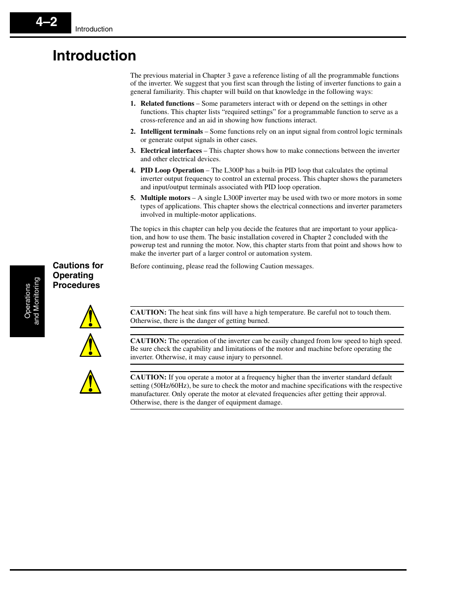 Introduction, Cautions for operating procedures, Introduction 4–2 | Hitachi L300P User Manual | Page 132 / 264