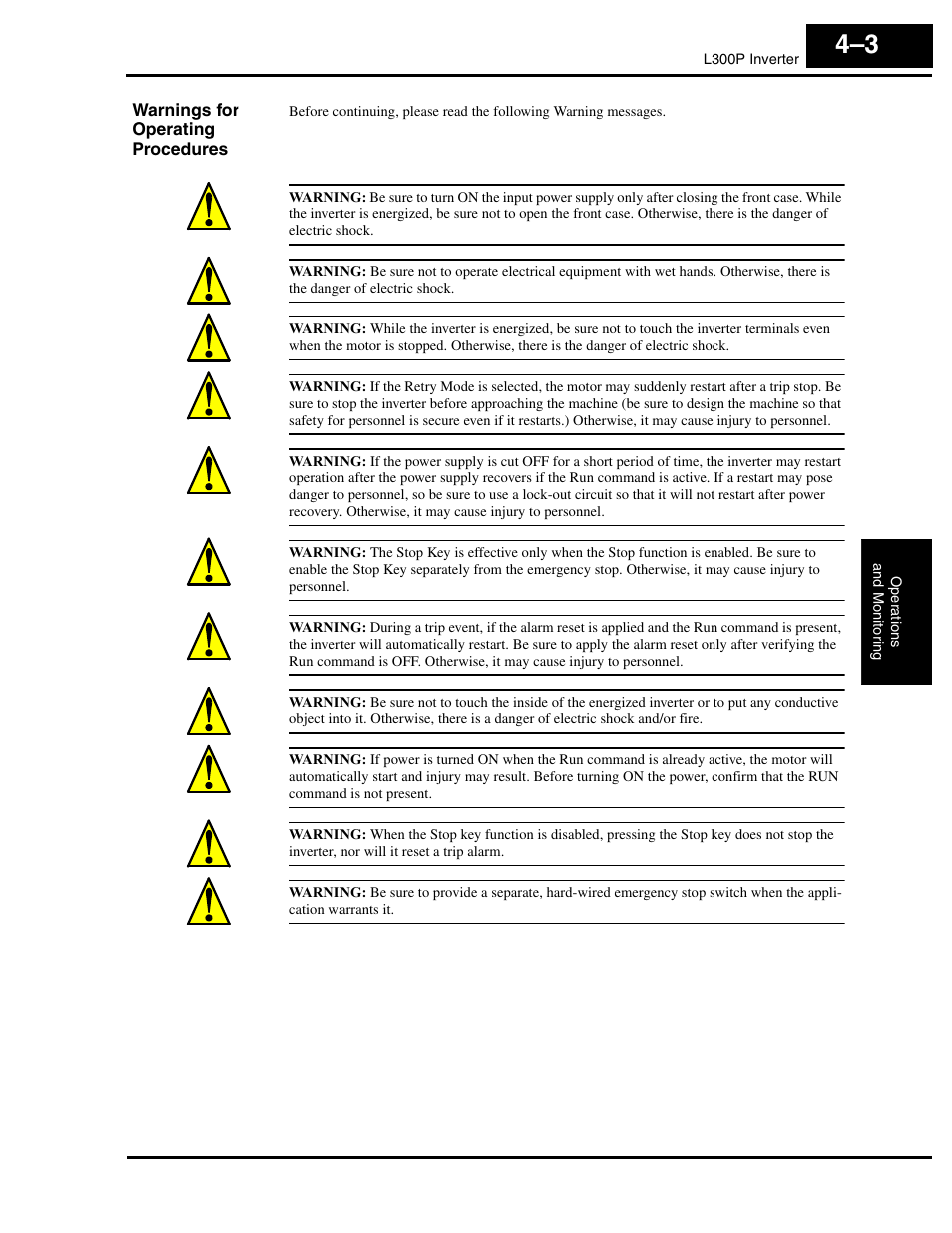 Warnings for operating procedures | Hitachi L300P User Manual | Page 133 / 264