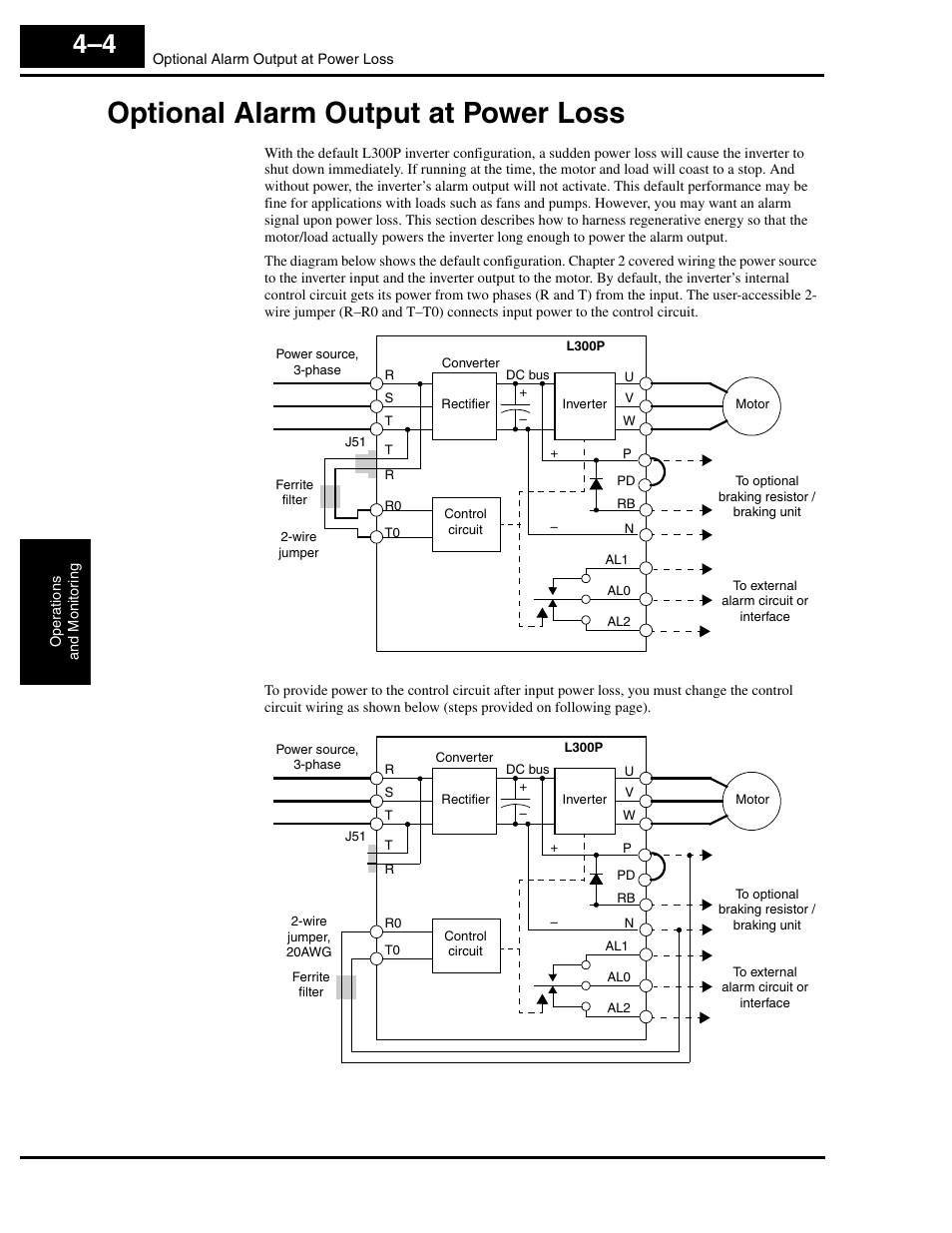 Optional alarm output at power loss, Optional alarm output at power loss 4–4 | Hitachi L300P User Manual | Page 134 / 264