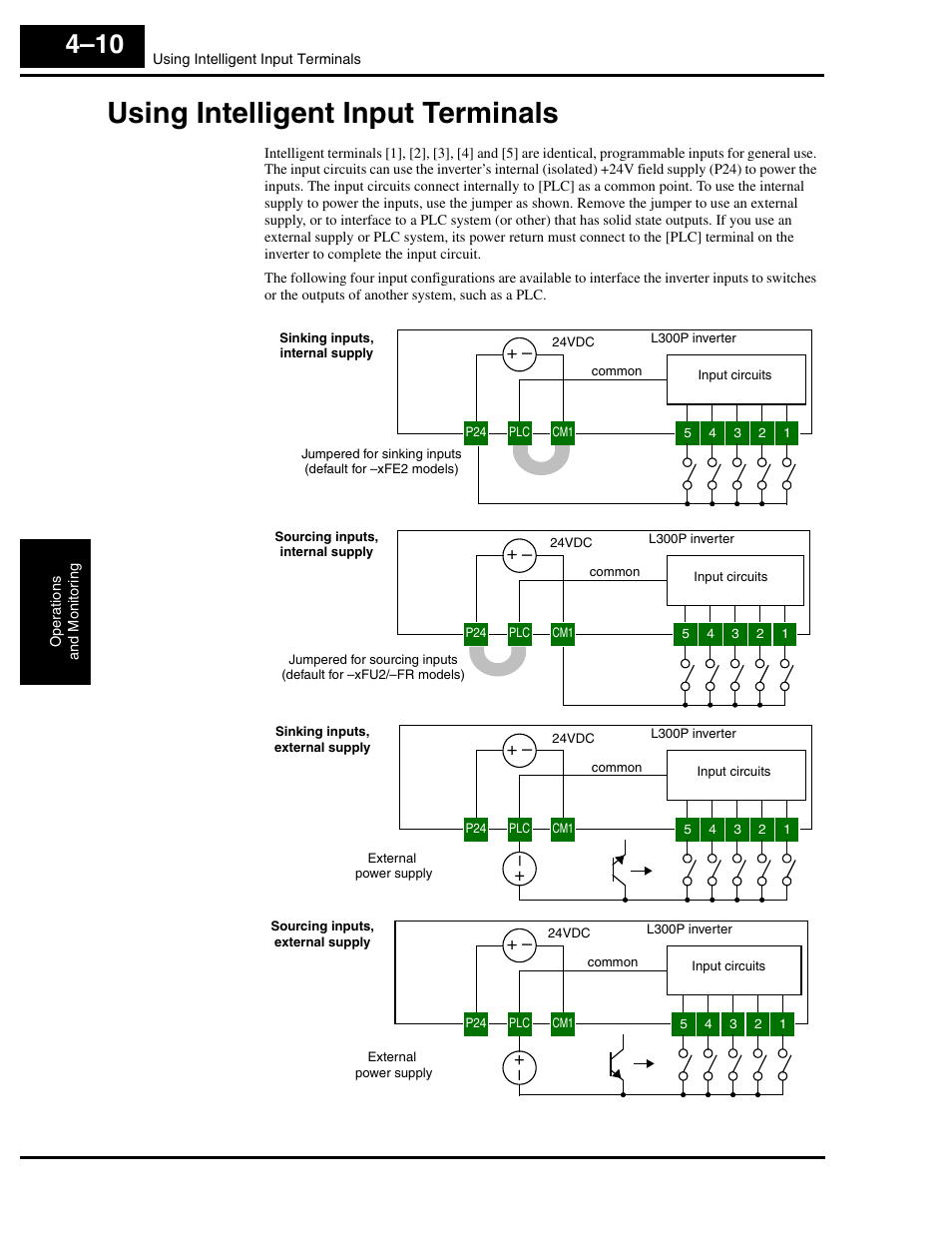 Using intelligent input terminals, Using intelligent input terminals 4–10, Using | Hitachi L300P User Manual | Page 140 / 264