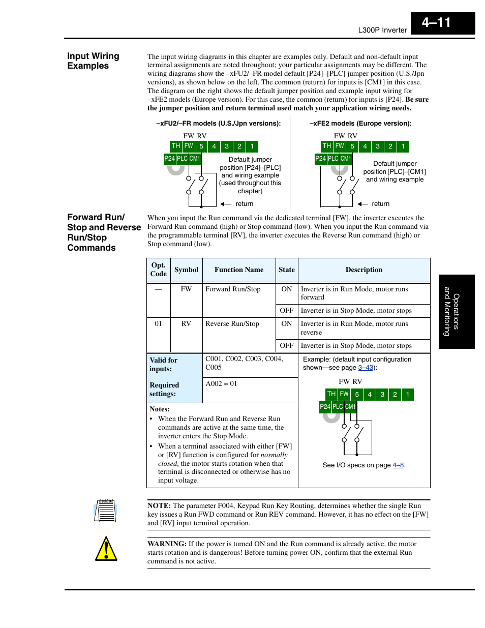 Input wiring examples, Forward run/ stop and reverse run/stop commands | Hitachi L300P User Manual | Page 141 / 264