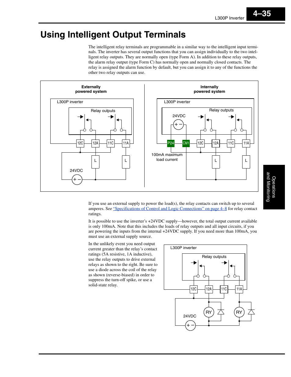 Using intelligent output terminals, Using intelligent output terminals 4–35, Using intelligent output terminals” on | Hitachi L300P User Manual | Page 165 / 264