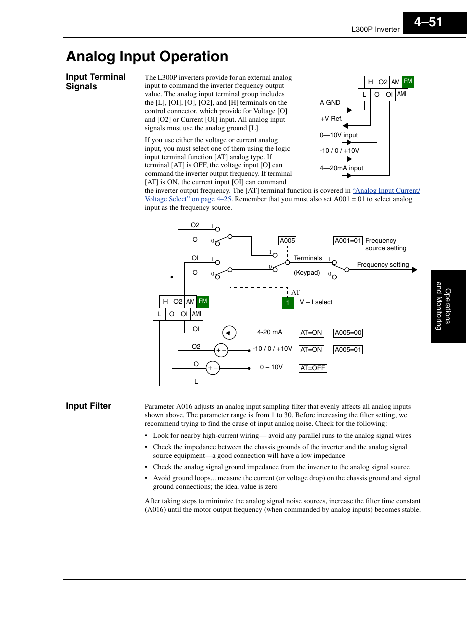 Analog input operation, Input terminal signals, Input filter | Analog input operation 4–51 | Hitachi L300P User Manual | Page 181 / 264