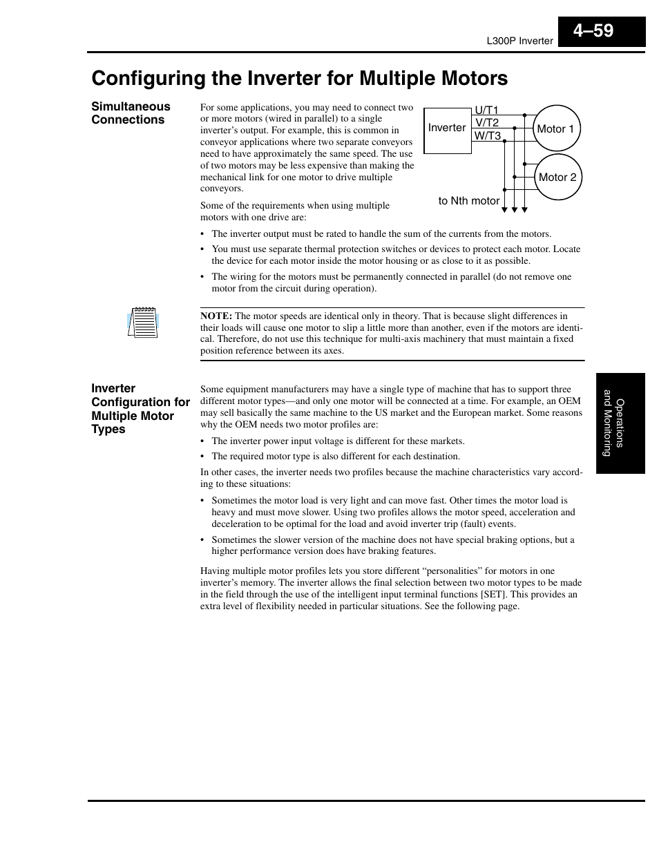 Configuring the inverter for multiple motors, Simultaneous connections, Inverter configuration for multiple motor types | Configuring the inverter for multiple motors 4–59 | Hitachi L300P User Manual | Page 189 / 264