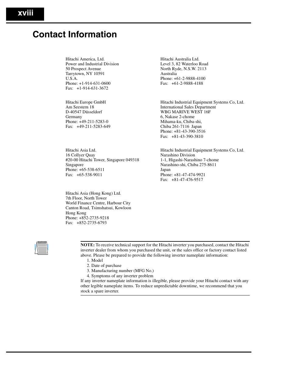 Contact information, Contact information xviii, Xviii | Hitachi L300P User Manual | Page 19 / 264