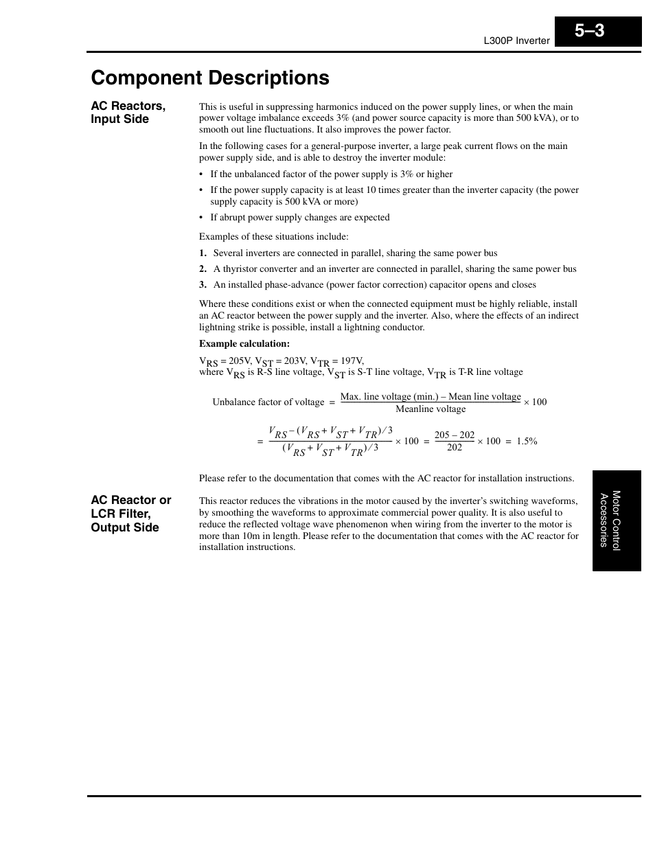 Component descriptions, Ac reactors, input side, Ac reactor or lcr filter, output side | Component descriptions 5–3 | Hitachi L300P User Manual | Page 193 / 264
