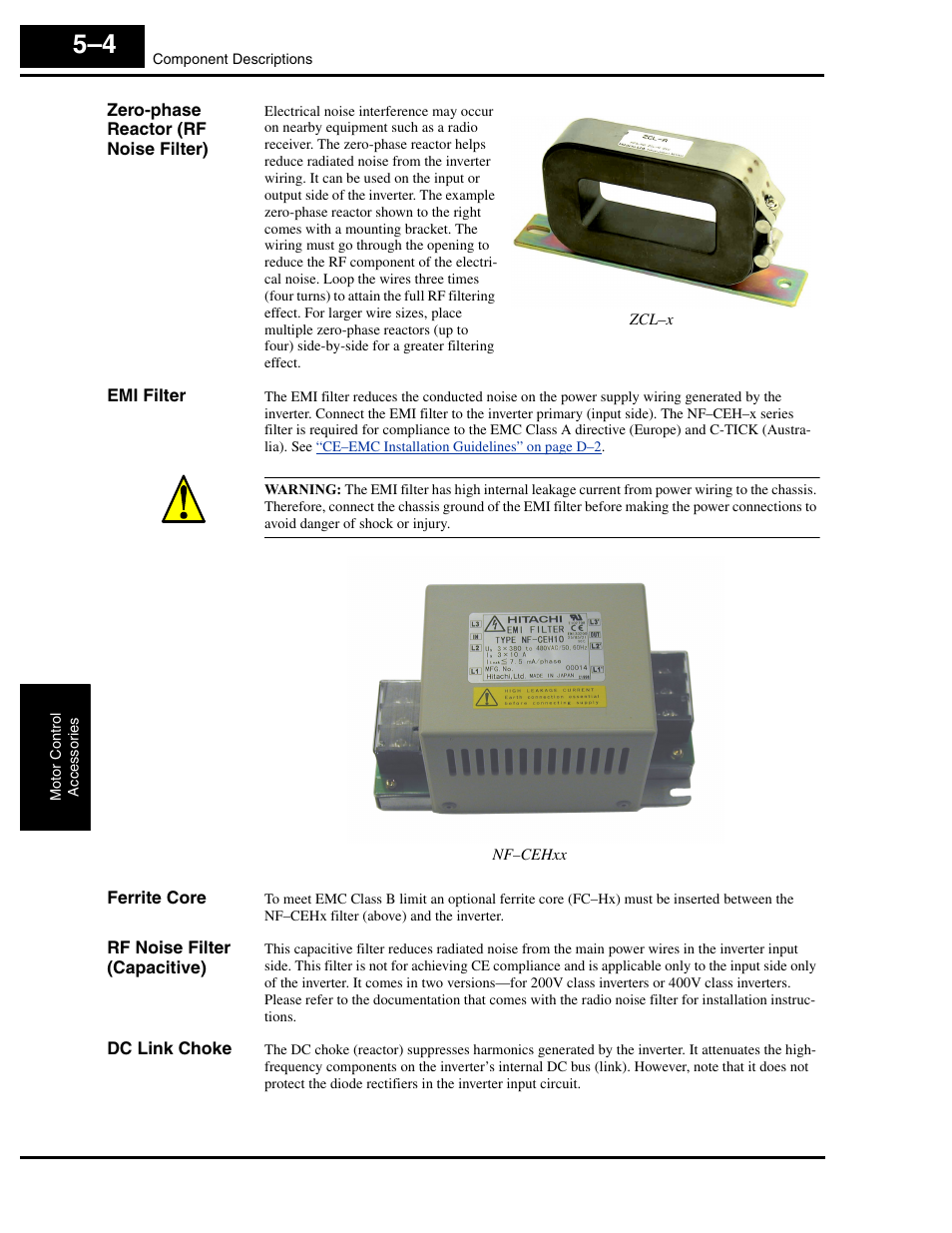 Zero-phase reactor (rf noise filter), Emi filter, Ferrite core | Rf noise filter (capacitive), Dc link choke | Hitachi L300P User Manual | Page 194 / 264