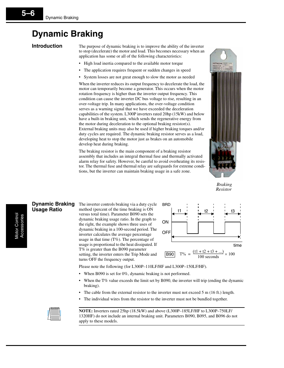 Dynamic braking, Introduction, Dynamic braking usage ratio | Dynamic braking 5–6, Its (see, Dynamic braking” on | Hitachi L300P User Manual | Page 196 / 264