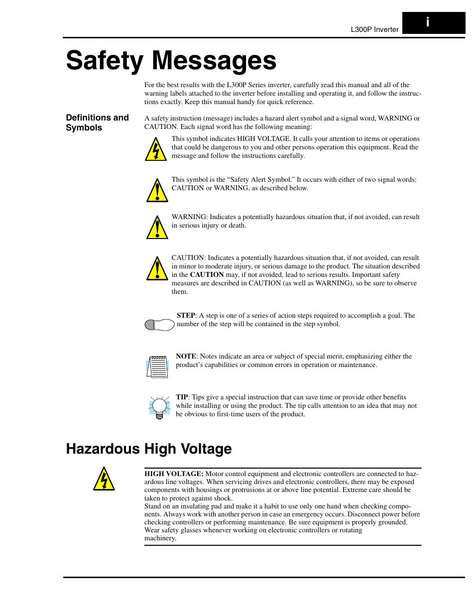 Safety messages, Definitions and symbols, Hazardous high voltage | Hitachi L300P User Manual | Page 2 / 264