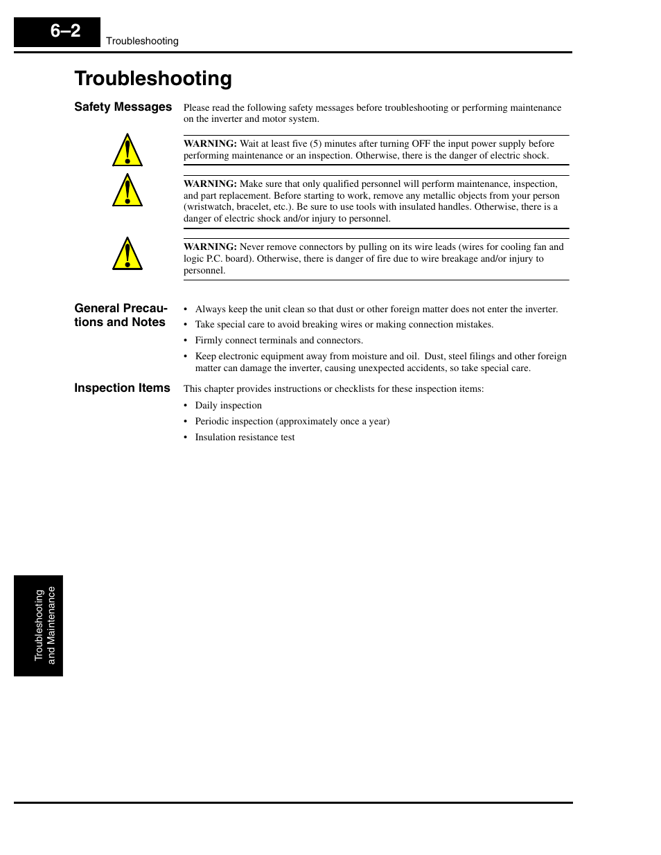 Troubleshooting, Safety messages, General precautions and notes | Inspection items, Troubleshooting 6–2 | Hitachi L300P User Manual | Page 204 / 264