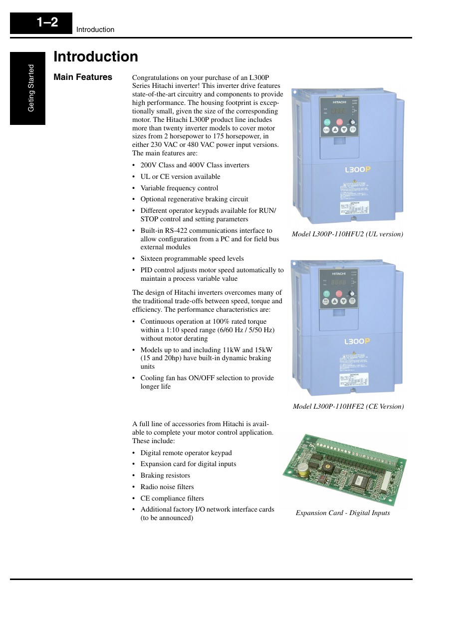 Introduction, Main features, Introduction 1–2 | Hitachi L300P User Manual | Page 21 / 264