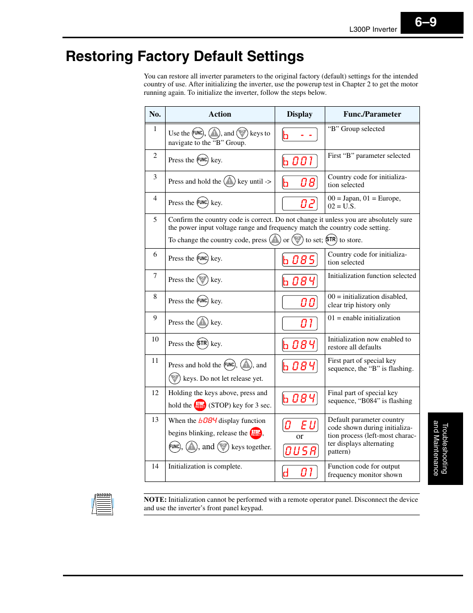 Restoring factory default settings, Restoring factory default settings 6–9, 0 e u 0 u s a | Hitachi L300P User Manual | Page 211 / 264
