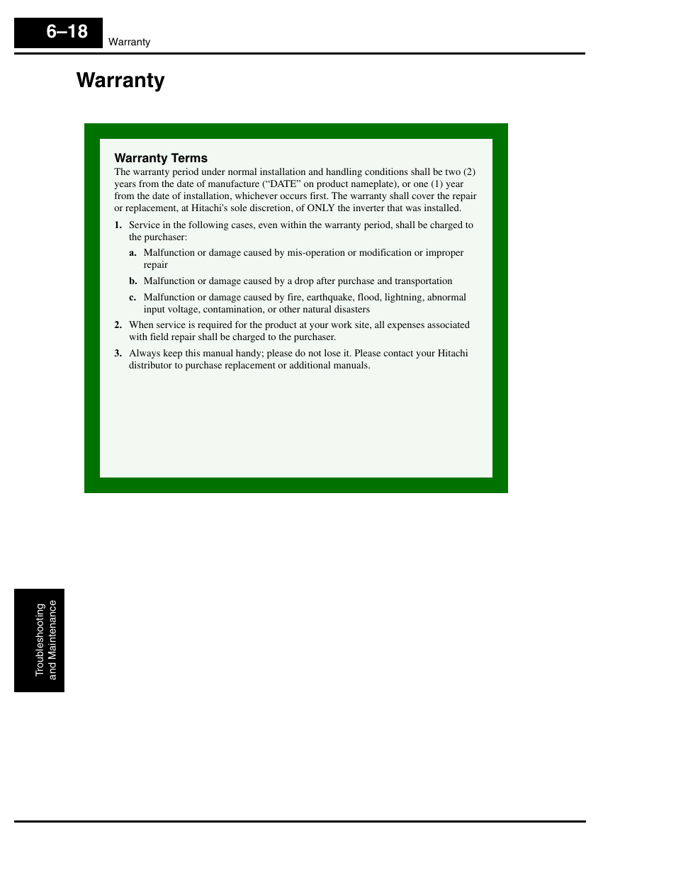 Warranty, Warranty terms, Warranty 6–18 | Hitachi L300P User Manual | Page 220 / 264