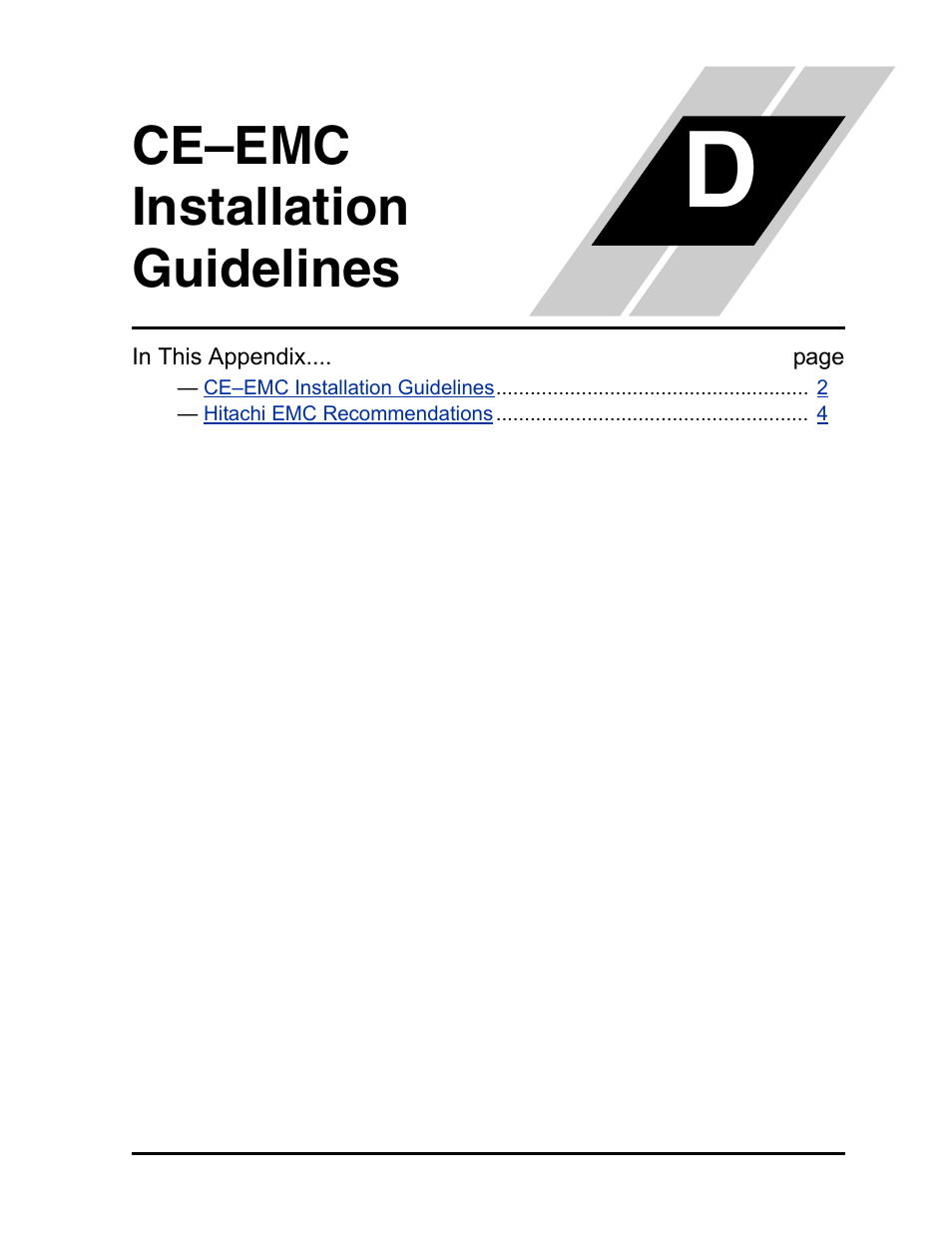 Ce-emc installation guidelines, Appendix d: ce–emc installation guidelines, Ce–emc installation guidelines | Hitachi L300P User Manual | Page 256 / 264