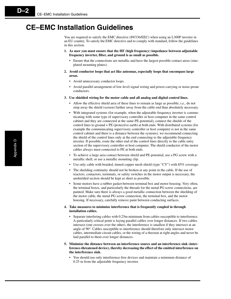 Ce-emc installation guidelines, Ce–emc installation guidelines d–2, Ce–emc installation guidelines | Hitachi L300P User Manual | Page 257 / 264