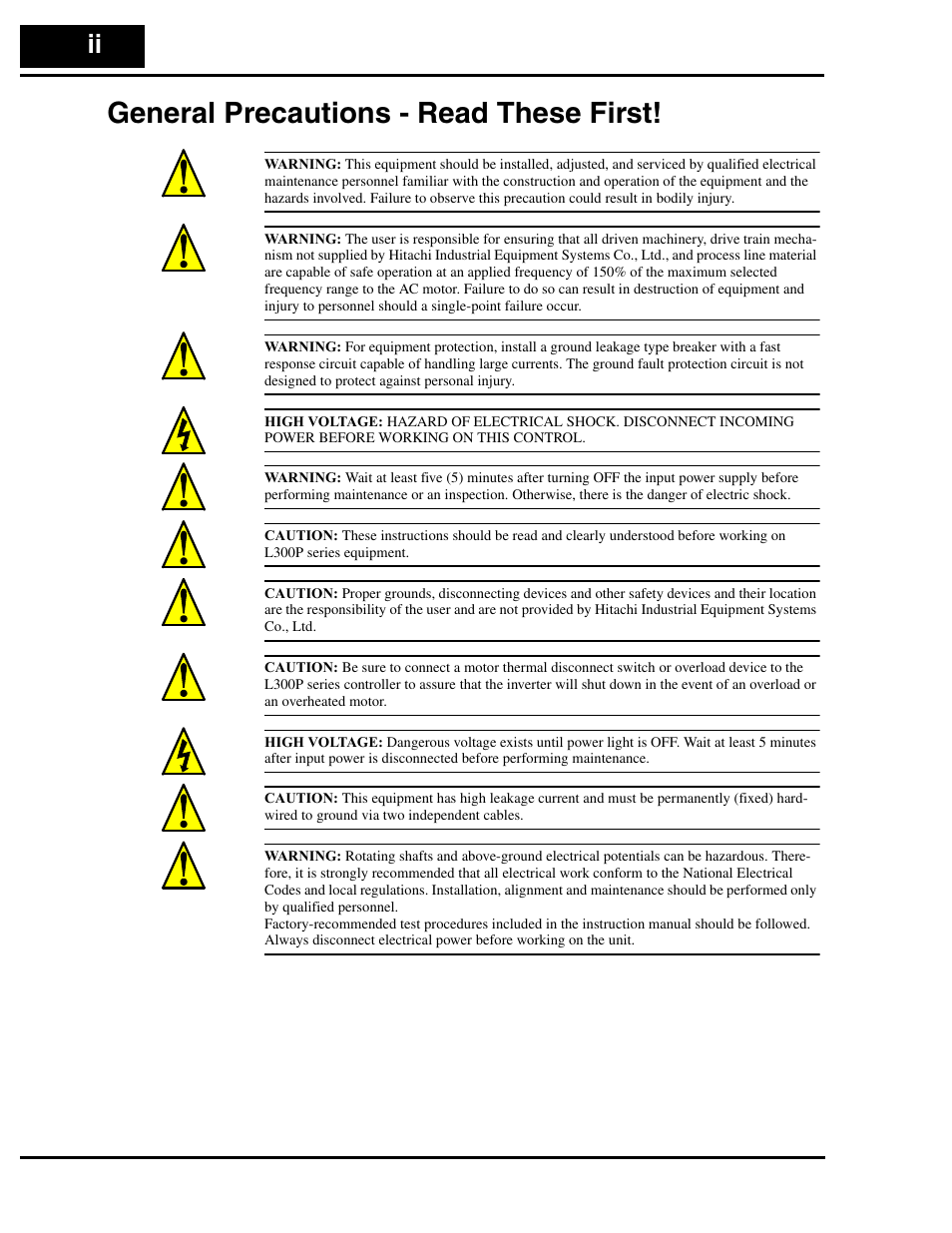 General precautions - read these first | Hitachi L300P User Manual | Page 3 / 264