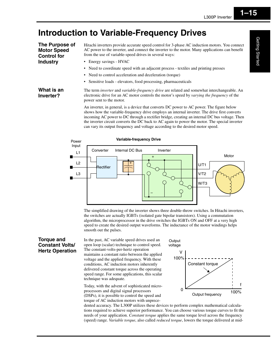Introduction to variable-frequency drives, The purpose of motor speed control for industry, What is an inverter | Torque and constant volts/ hertz operation, Introduction to variable-frequency drives 1–15 | Hitachi L300P User Manual | Page 34 / 264