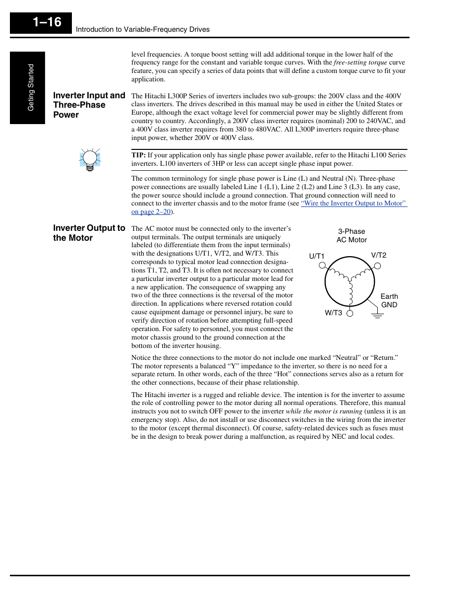 Inverter input and three-phase power, Inverter output to the motor | Hitachi L300P User Manual | Page 35 / 264