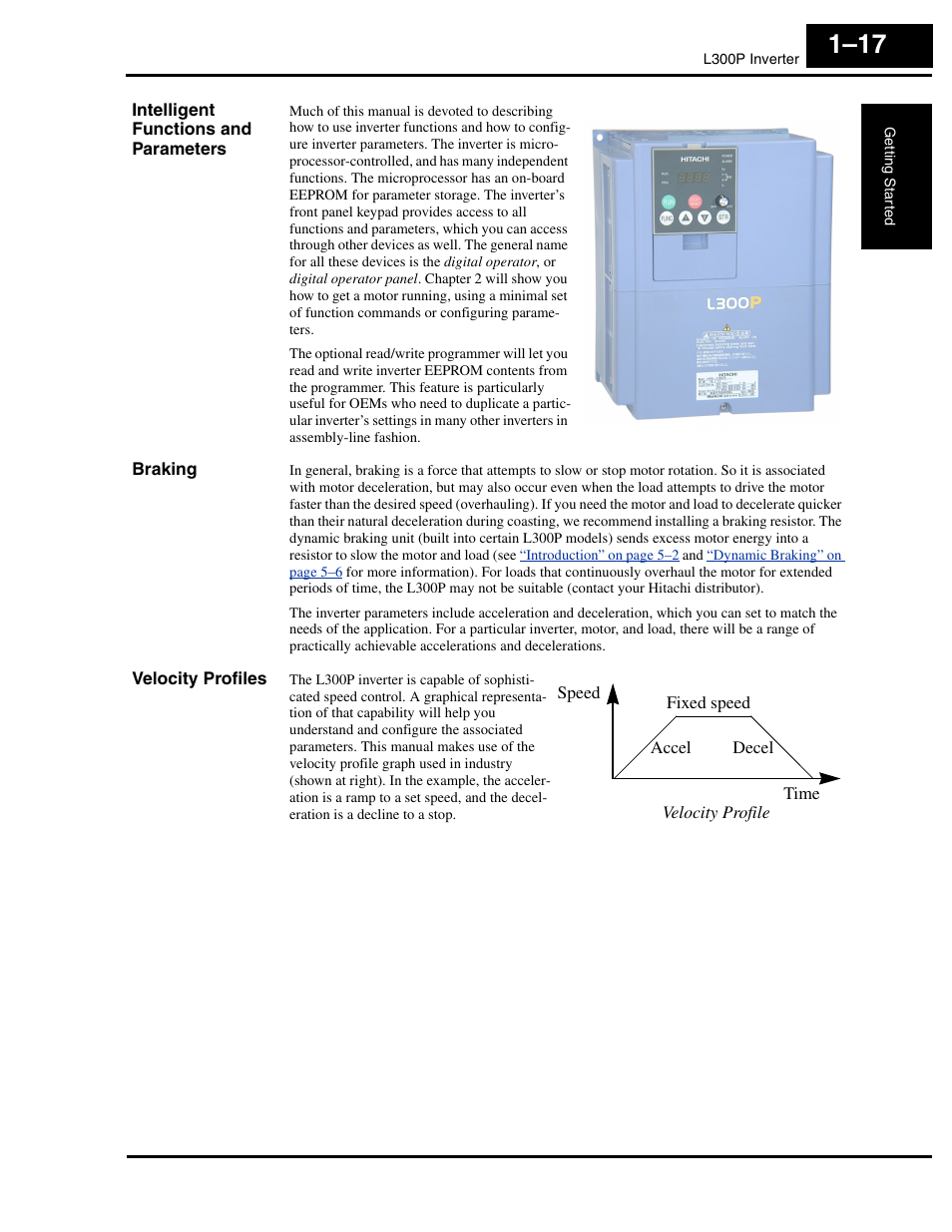 Intelligent functions and parameters, Braking, Velocity profiles | Hitachi L300P User Manual | Page 36 / 264