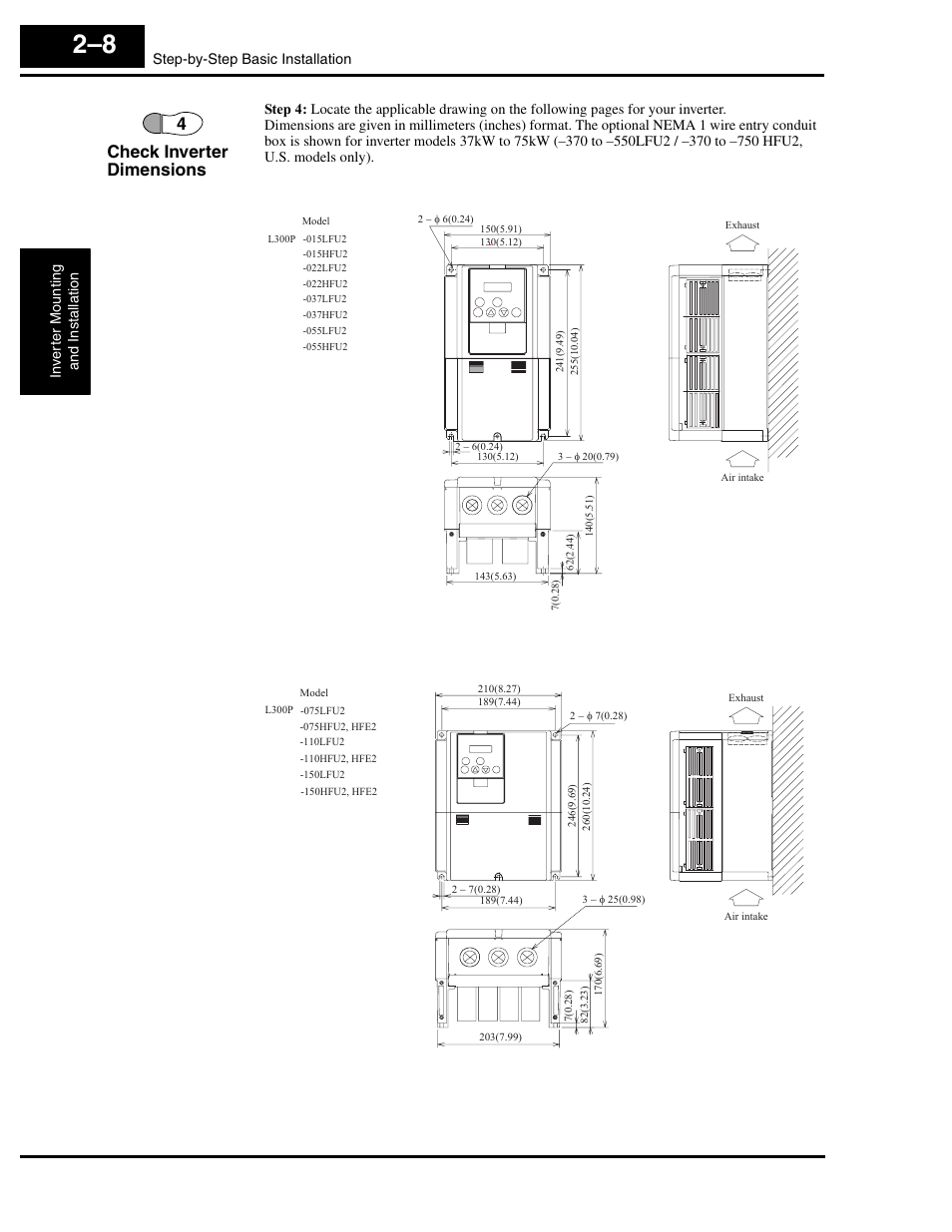 4check inverter dimensions | Hitachi L300P User Manual | Page 47 / 264