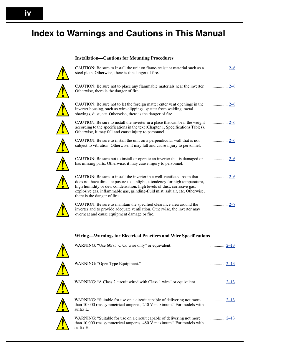 Index to warnings and cautions in this manual | Hitachi L300P User Manual | Page 5 / 264