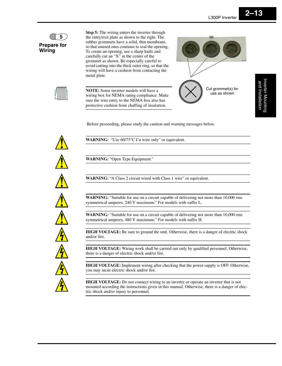 Warning: “use 60/75°c cu wire only” or equivalent, Warning: “open type equipment | Hitachi L300P User Manual | Page 52 / 264