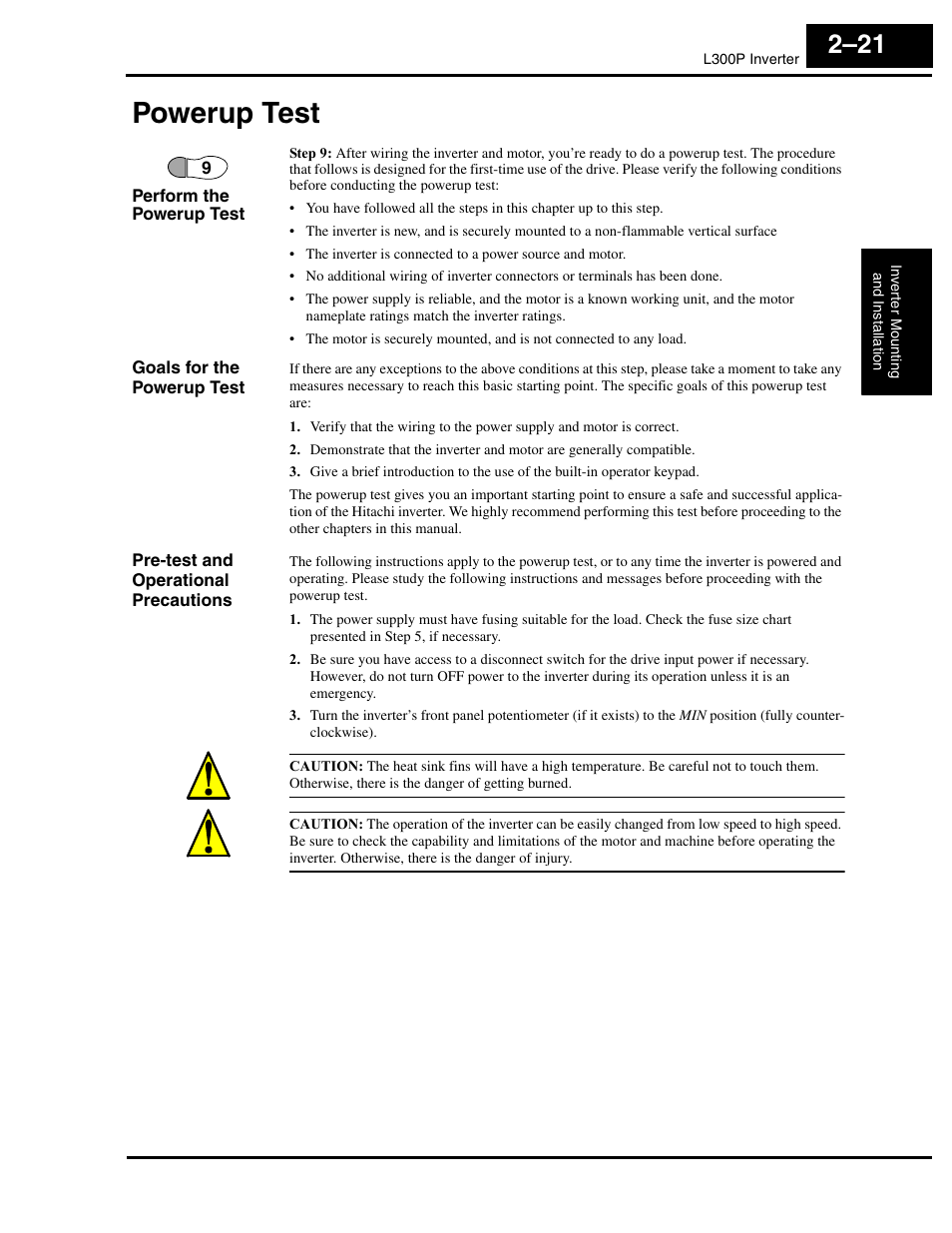 Powerup test, Goals for the powerup test, Pre-test and operational precautions | Powerup test 2–21 | Hitachi L300P User Manual | Page 60 / 264