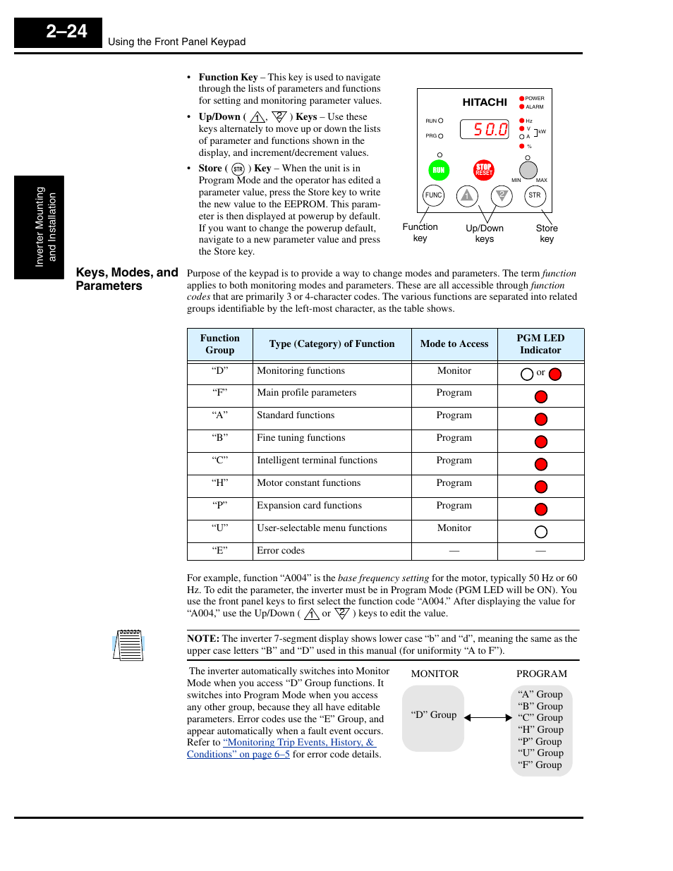 Keys, modes, and parameters | Hitachi L300P User Manual | Page 63 / 264