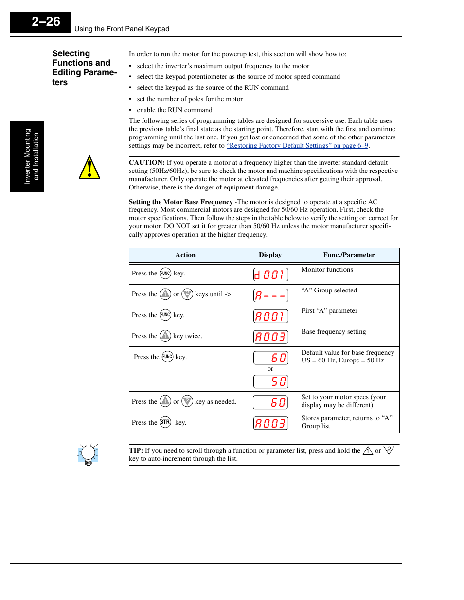 Selecting functions and editing parameters, A 0 0 1, A 0 0 3 | Hitachi L300P User Manual | Page 65 / 264