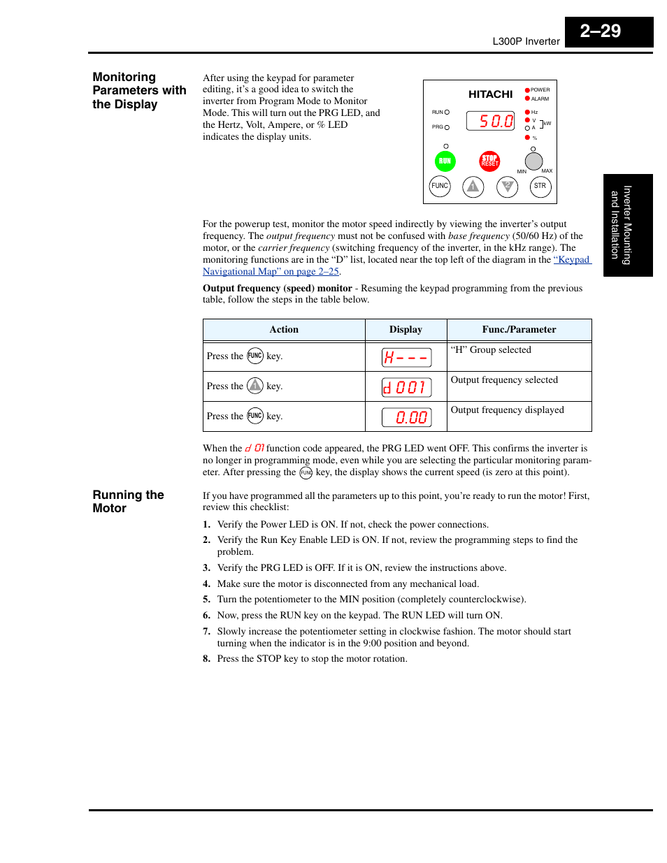 Monitoring parameters with the display, Running the motor | Hitachi L300P User Manual | Page 68 / 264