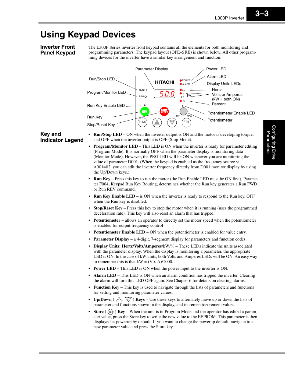 Using keypad devices, Inverter front panel keypad, Key and indicator legend | Using keypad devices 3–3 | Hitachi L300P User Manual | Page 72 / 264