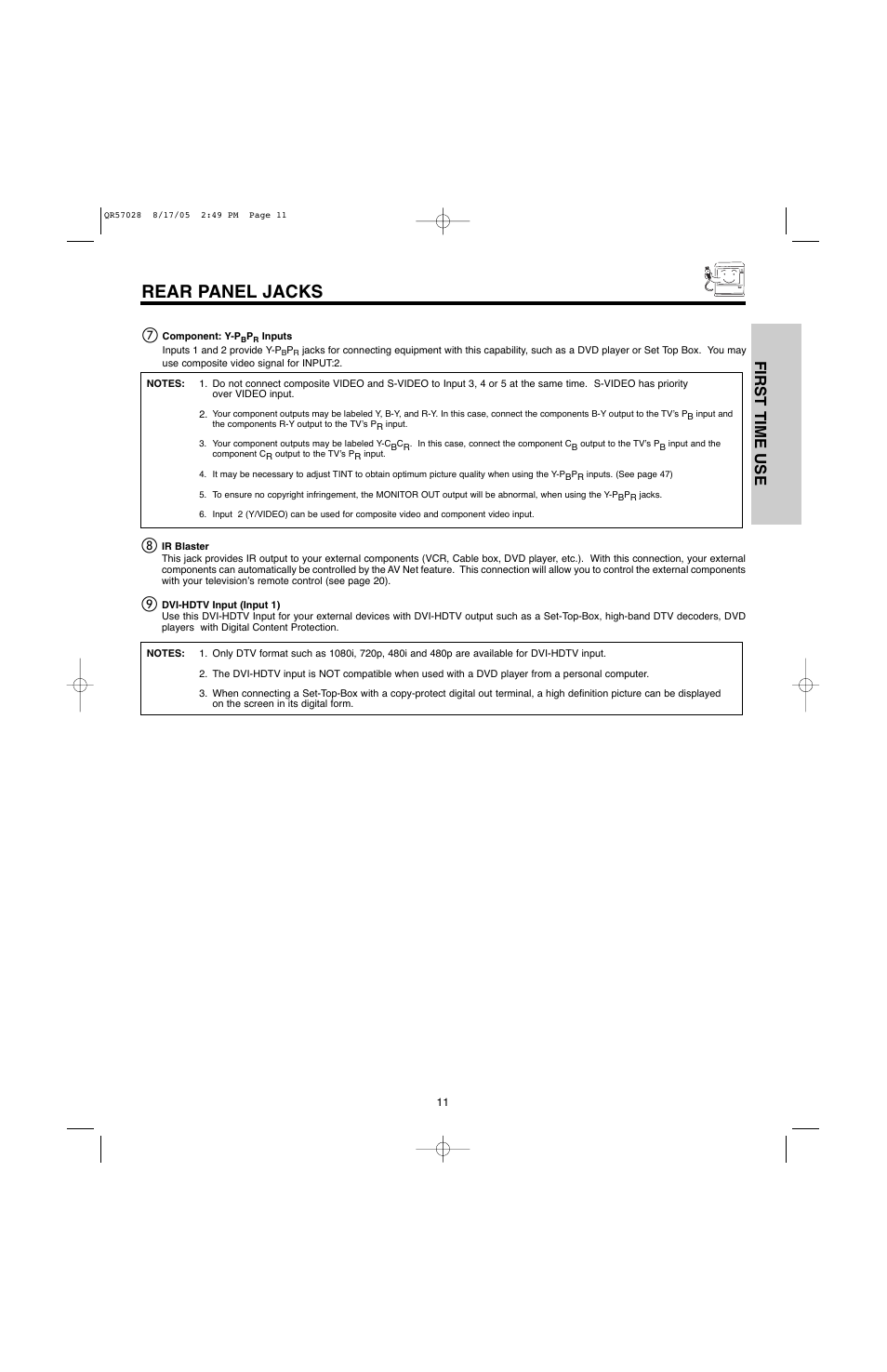 Rear panel jacks, First time use | Hitachi 60V500E User Manual | Page 11 / 84