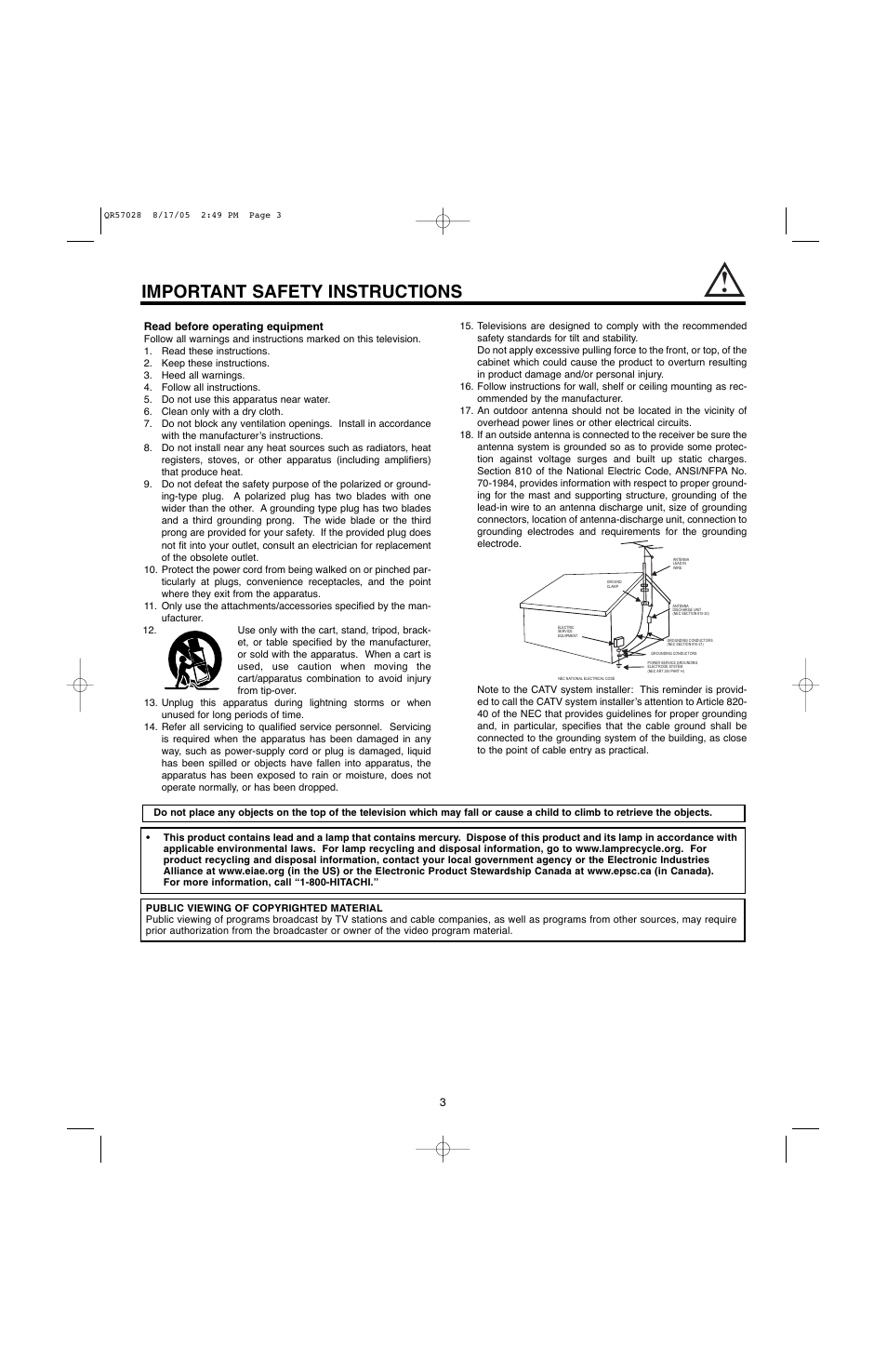 Important safety instructions, 3read before operating equipment | Hitachi 60V500E User Manual | Page 3 / 84