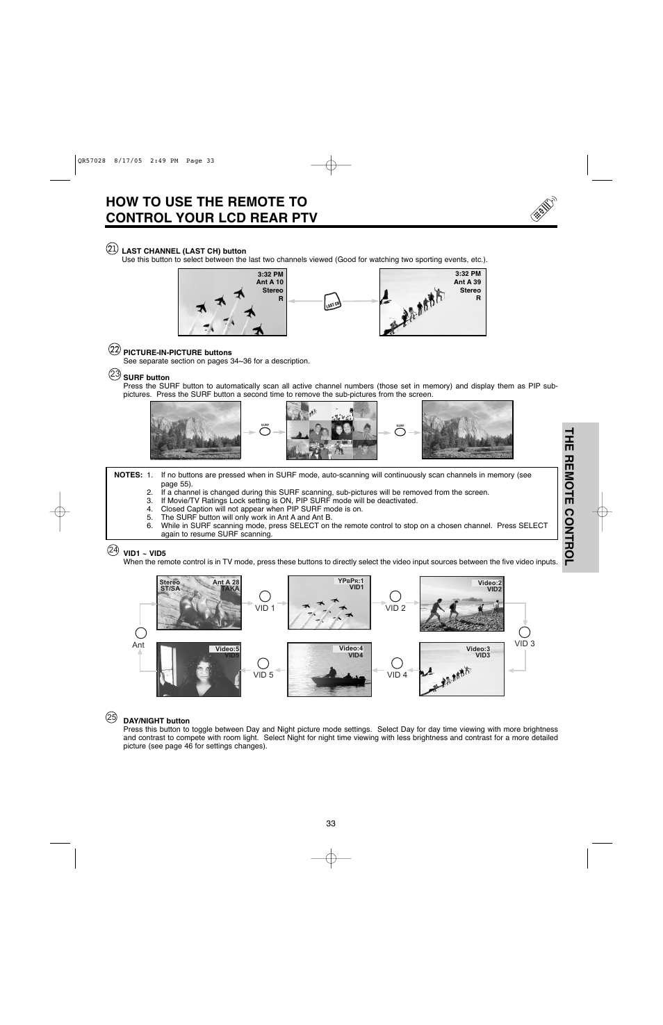 How to use the remote to control your lcd rear ptv, The remote control | Hitachi 60V500E User Manual | Page 33 / 84