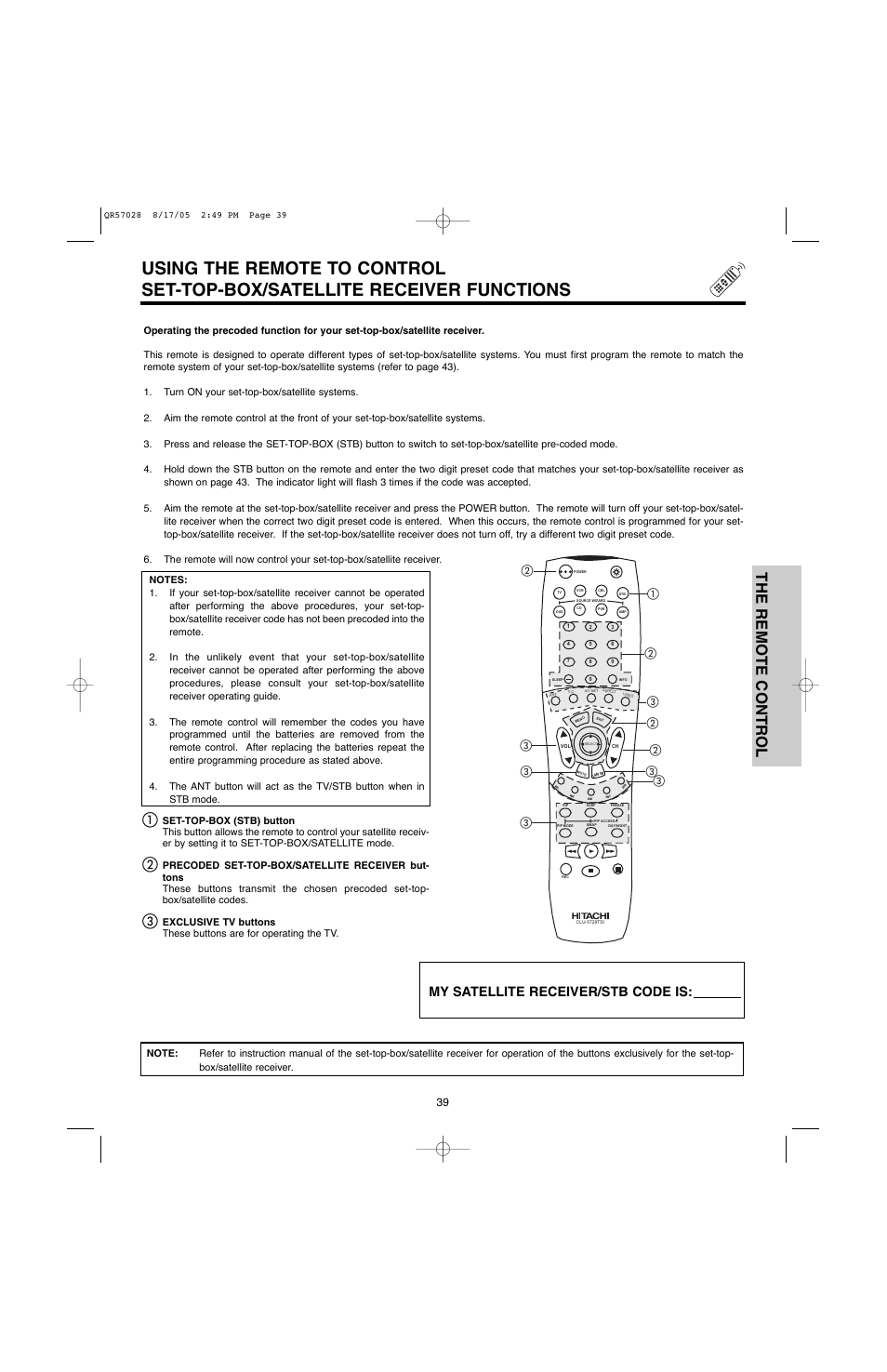 The remote control, My satellite receiver/stb code is | Hitachi 60V500E User Manual | Page 39 / 84