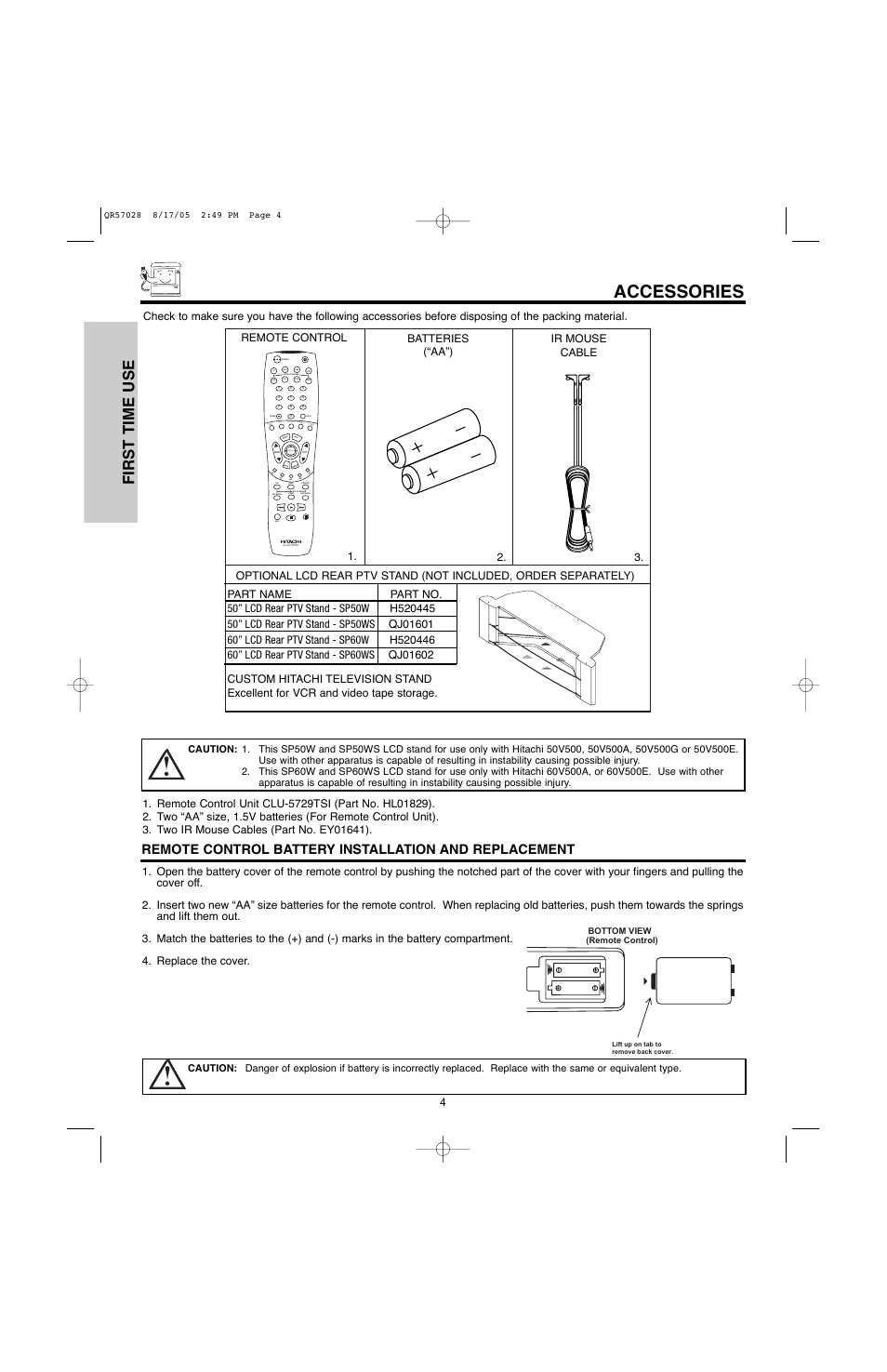 Accessories, First time use, Power tv vcr cbl dvd | Info sleep | Hitachi 60V500E User Manual | Page 4 / 84
