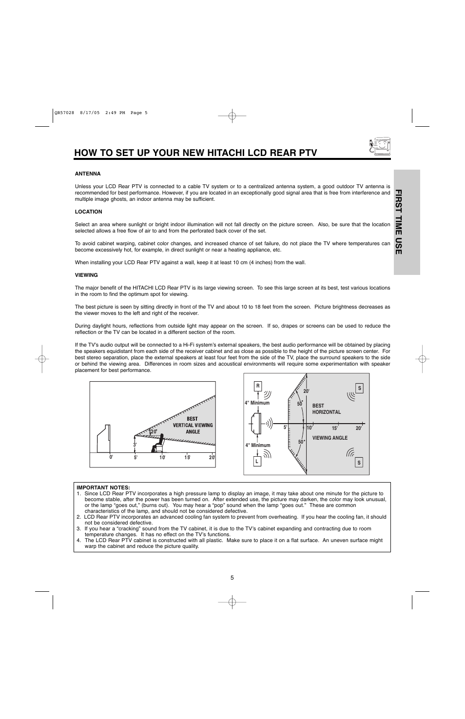 How to set up your new hitachi lcd rear ptv, First time use | Hitachi 60V500E User Manual | Page 5 / 84